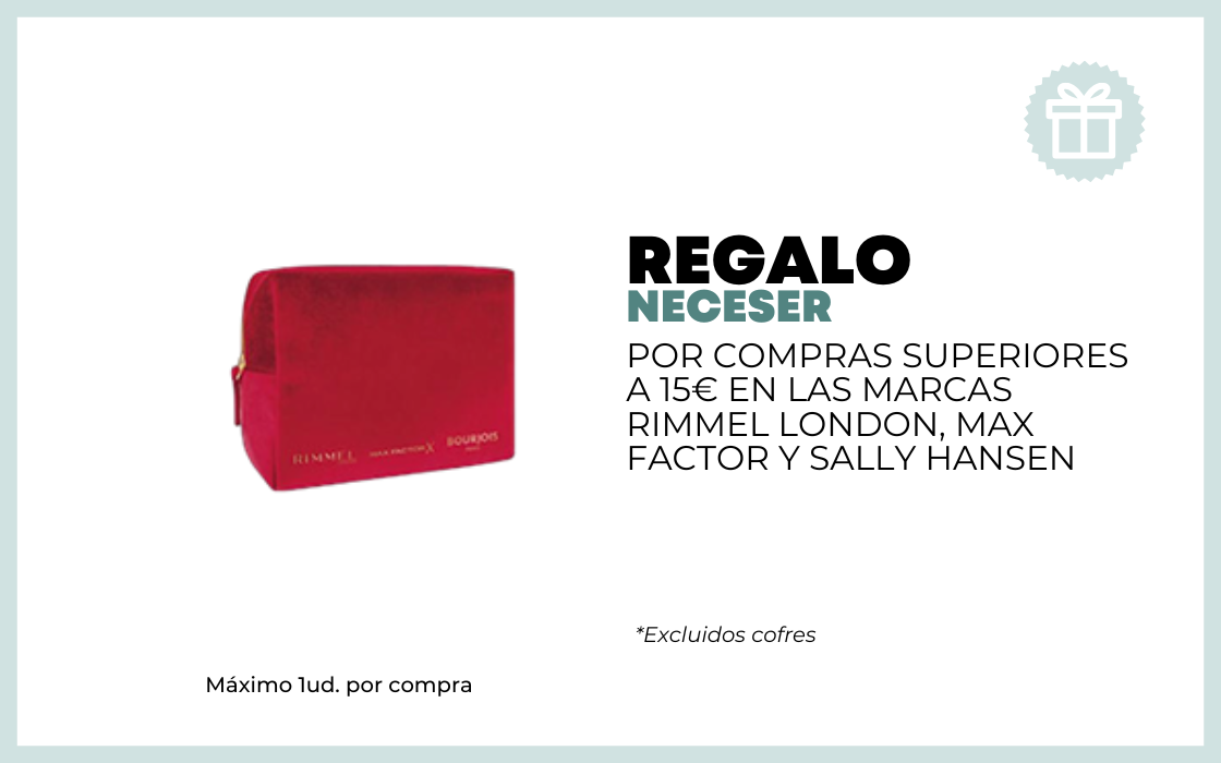 REGALO NECESER POR COMPRAS SUPERIORES A 15 EUROS EN LAS MARCAS RIMMEL LONDON, MAX FACTOR Y SALLY HANSEN