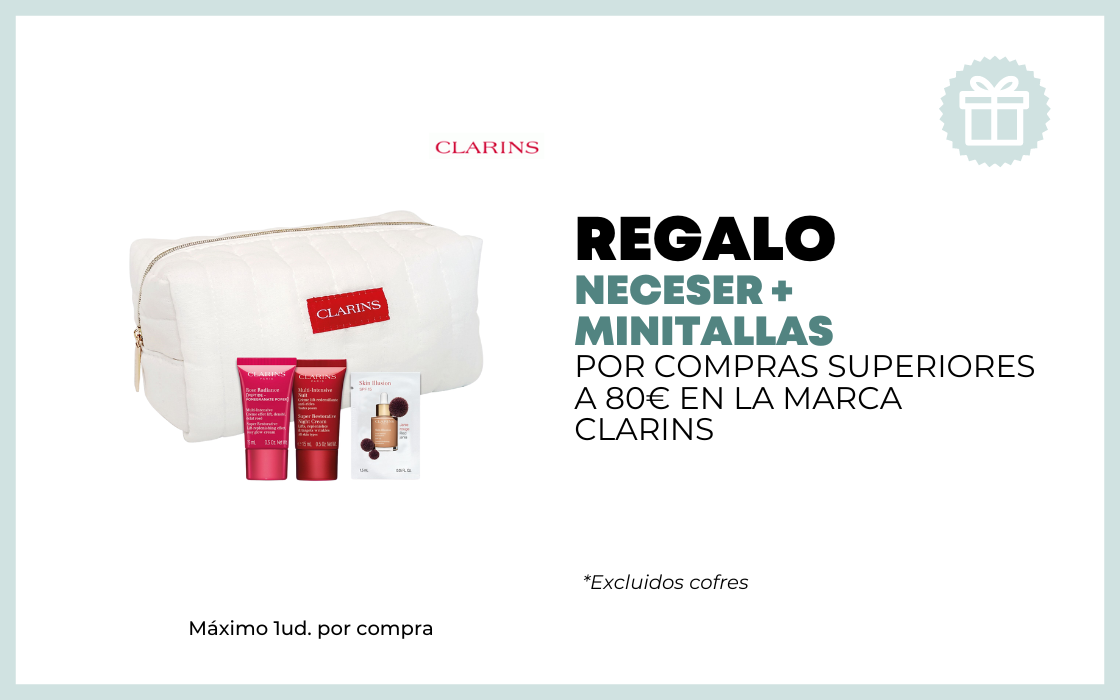 REGALO NECESER + MINITALLAS POR COMPRAS SUPERIORES A 80 EUROS EN LA MARCA CLARINS excluidos cofres