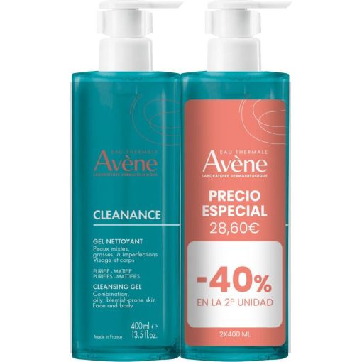 Avène Cleanance Gel Nettoyante Duplo Gel limpiador purificante y matificante refresca y reduce brillos 2x400 ml