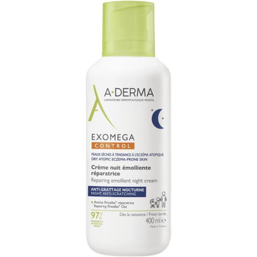 A-Derma Exomega Control Crème Nuit Émolliente Réparatrice Crema emoliente de noche calma y repara las pieles secas y atópicas 400 ml