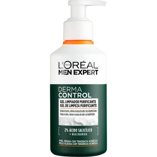 L'Oreal Men Expert Derma Control Gel Limpiador Purificante Gel limpiador purificante ligero y transparente para una limpieza profunda de poros e imperfecciones 260 ml