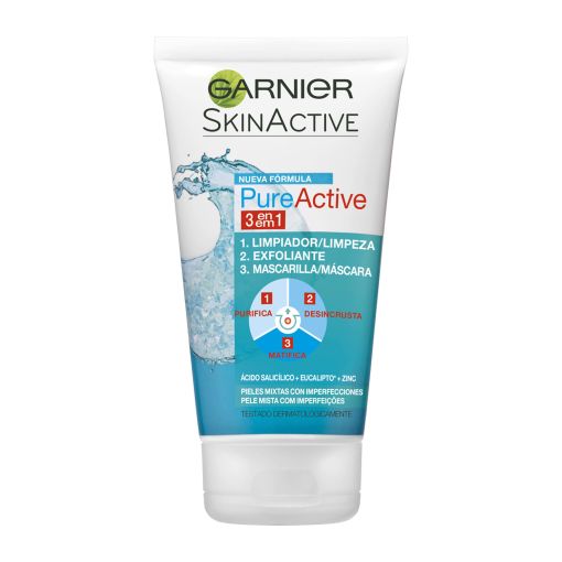 Garnier Skin Active Pure Active 3 En 1 Limpiador Y Exfoliante Gel limpiador exfoliante o mascarilla antiacné para un tono uniforme 150 ml