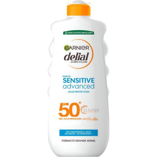 Delial Sensitive Advanced Leche Protectora Spf 50+ Leche solar muy resistente al agua y no grasa sin perfume previene quedamuras solares 400 ml