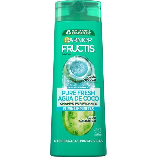 Fructis Pure Fresh Agua De Coco Champú Purificante Champú purifica y desenreda para cabello con raíces grasas y puntas secas 380 ml