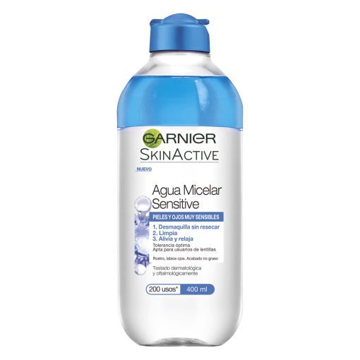 Garnier Skin Active Agua Micelar Sensitive Agua micelar desmaquilla limpia alivia y relaja para piel y ojos muy sensibles 400 ml