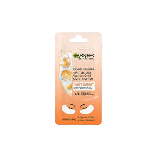 Garnier Skin Active Mask Tissu Ojos Anti-Fatiga Mascarilla para ojos reductora de ojeras con extracto de naranja y ácido hialurónico 2 uds