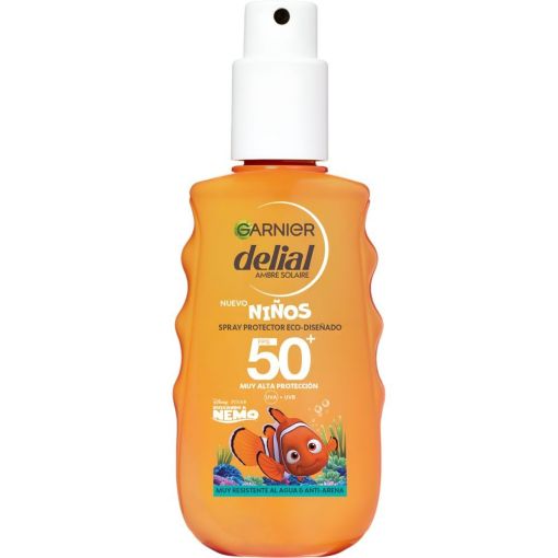 Delial Niños Buscando A Nemo Spray Protector Eco-Diseñado Spf 50+ Spray solar corporal infantil y vegano muy resistente al agua y a la arena hidrata con aloe vera 150 ml