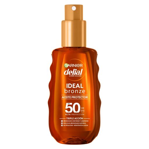 Delial Ideal Bronze Aceite Protector Spf 50 Aceite solar resistente al agua de aplicación ligera para bronceado uniforme y luminoso 150 ml