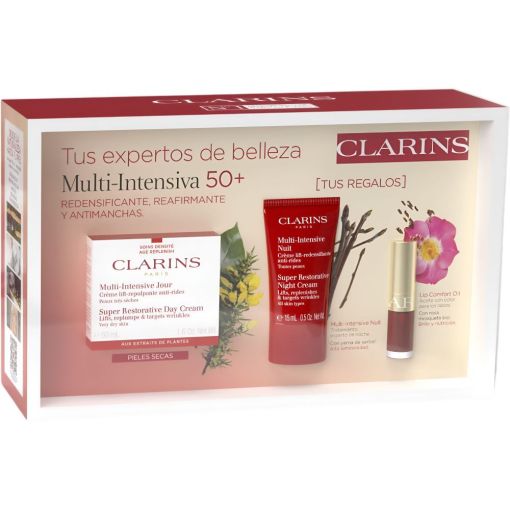 Clarins Multi-Intensive Jour Piel Seca Estuche Crema de día hidratante reafirmante y antiarrugas piel más flexible rellenada y confortable al instante 50 ml