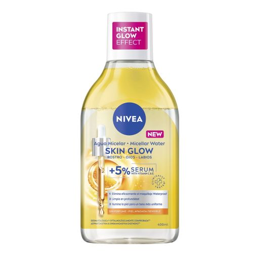 Nivea Micellair Agua Micelar Skin Glow Sérum +5% Vitamina C Agua micelar desmaquillante bifásica con sérum skin glow resistente al agua 400 ml