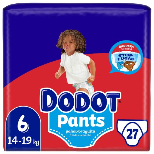 Dodot Pants Pañal-Braguita 14+19 Kg Talla 6 Pants antifugas ultraabsorbente con cintura elástica y ajuste 350º  hasta 12 horas de protección 27 uds