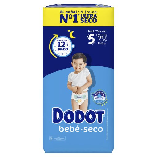 Dodot Pañales Bebé-Seco 11-16 Kg Talla 5 Pañal suave antifugas y ajuste cómodo hasta 12 horas de protección 54 uds