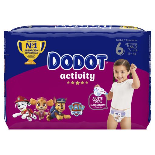 Dodot Pañales Activity +13 Kg Talla 6 Pañal de ajuste total suave ofrece máxima absorción comodidad y protección 36 uds