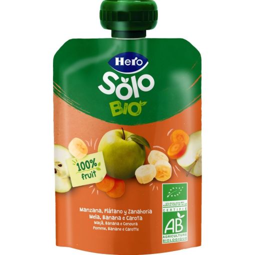 Hero Solo Bio Bolsita Manzana Plátano Y Zanahoria Bolsita natural sin gluten elaborada con ingredientes 100% ecológicos a partir de 4 meses 100 gr