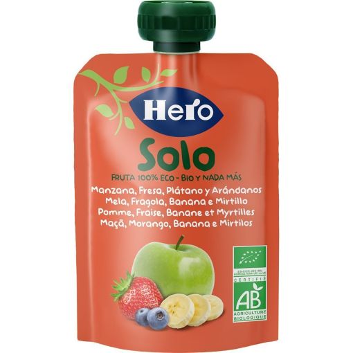 Hero Solo Bolsita Eco Manzana Fresa Plátano Y Arándanos Bolsita elaborada ingredientes 100% ecológicos a partir de 4 meses 100 gr