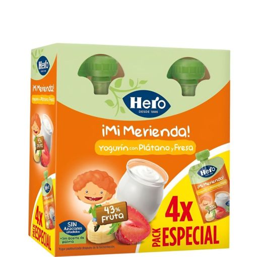 Hero ¡mi Merienda! Bolsita Yogurín Plátano Y Fresa Pack Especial Bolsita sin gluten ni azúcares añadidos elaborada con fruta a partir de 12 meses 4x100 gr