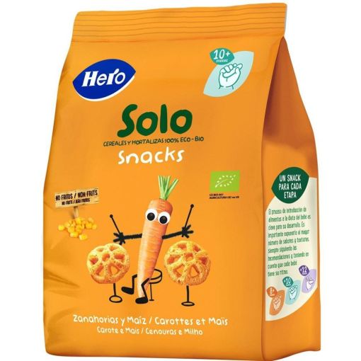 Hero Solo Snacks Eco Zanahoria Y Maíz Snacks sin gluten sin conservantes ni colorantes y sin sal añadida a partir de 10 meses 40 gr