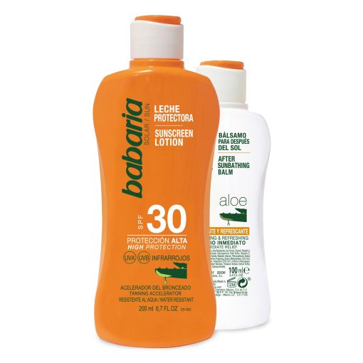 Babaria Leche Protectora Spf 30 + Aloe Bálsamo Después Del Sol Pack Set de protección solar completa para antes y después del sol con aloe vera