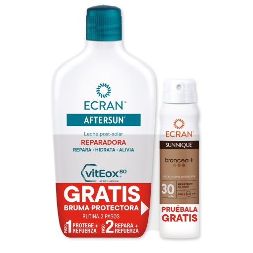 Ecran After Sun Reparadora Leche Post Solar+ Sunnique Bruma Gratis Pack regalo de protección solar protege calma hidrata y regenera durante 24 horas