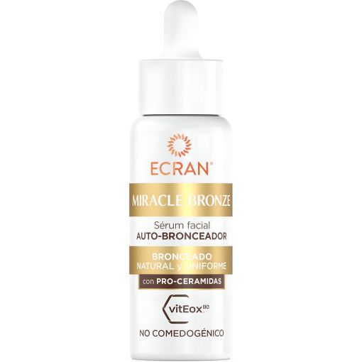 Ecran Miracle Bronze Sérum Facial Auto-Bronceador Loción corporal autobronceadora de textura ultraligera para bronceado natural y uniforme 30 ml