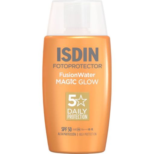 Isdin Fotoprotector Fusion Water Magic Glow Spf 50 Protector solar facial ultraligero prolonga el bronceado ofreciendo luminosidad y efecto glow 50 ml