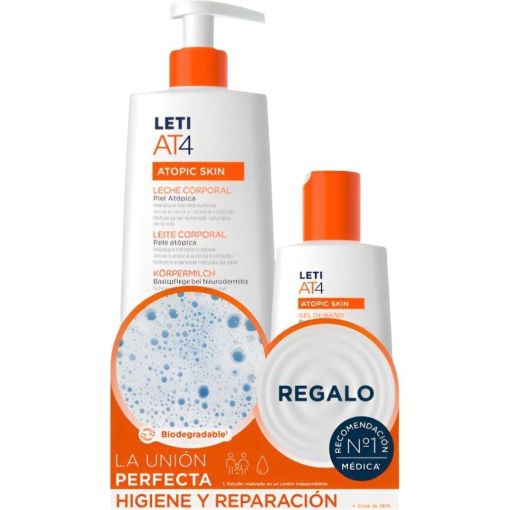 Leti At4 Atopic Skin Body Lotion+ Gel Baño Gratis Pack regalo para cuidado personal máxima reparación y protección con activos calmantes que alivian el picor