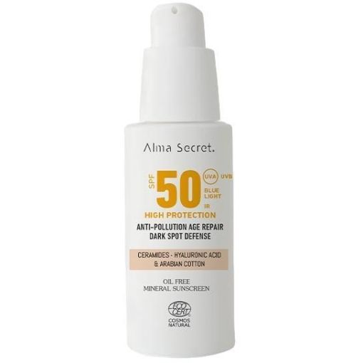 Alma Secret High Protection Anti-Pollution Age Defenser Spf 50 Crema solar facial libre de aceites antimanchas ilumina protege y combate la edad 50 ml