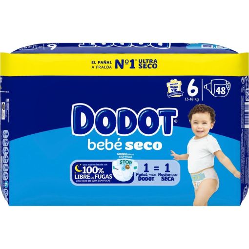 Dodot Pañales Bebé-Seco 13-18 Kg Talla 6 Pañal suave antifugas y ajuste cómodo hasta 12 horas de protección 48 uds