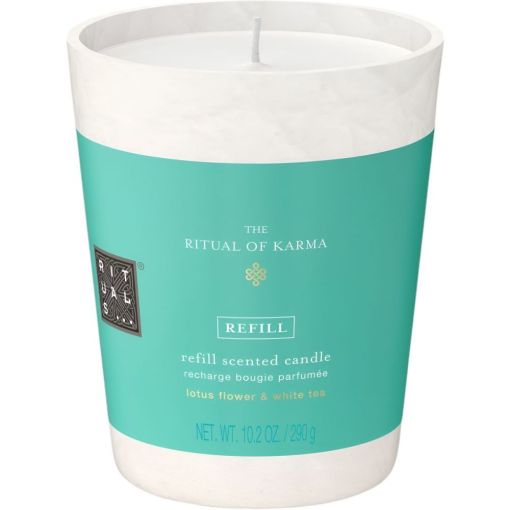 Rituals The Ritual Of Karma Scented Candle Recarga Vela aromática perfumada con aroma a loto sagrado y té blanco ofrece hasta 50 horas de duración 290 gr