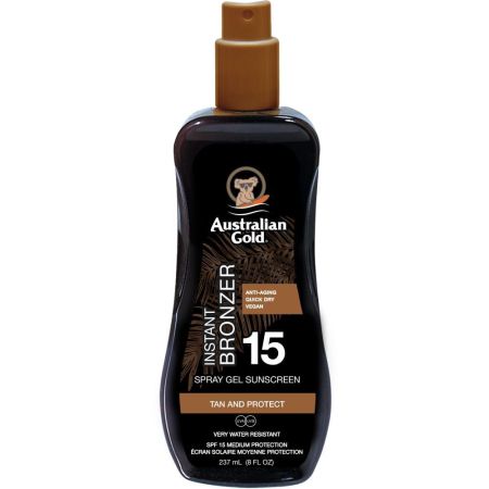 Australian Gold Instant Bronzer Tan And Protect Spray Gel Sunscreen Spf 15 Loción solar bronceadora muy reisistente al agua hidrata protege y ofrece acabado natural 237 ml