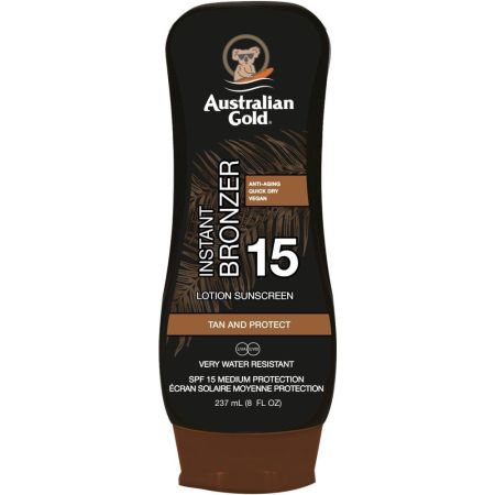 Australian Gold Instant Bronzer Tan And Protect Lotion Sunscreen Spf 15 Leche solar bronceadora muy reisitente al agua hidrata protege y ofrece acabado natural 237 ml