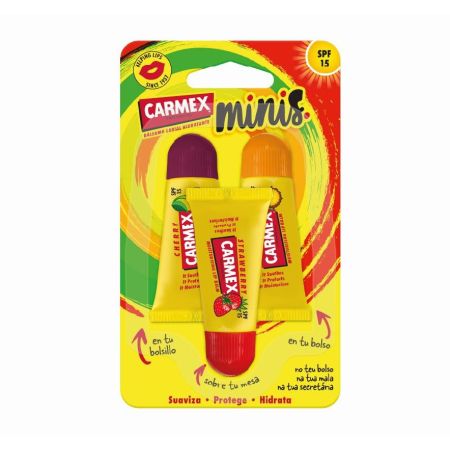 Carmex Bálsamo Labial Hidratante Minis Spf 15 Bálsamo labial protege hidrata y repara labios agritados sabor fresa cereza y piña 3 uds