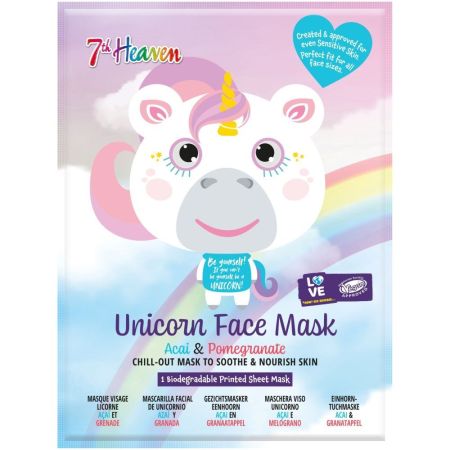 7th Heaven Unicorn Face Mask Mascarilla de tela refrescante hidrata y calma de flor de loto y arándano