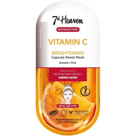 7th Heaven Vitamina C Brightening Capsule Sheet Mask Mascarilla vegana de tela renueva las células para piel más suave firme y radiante