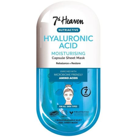 7th Heaven Hyaluronic Acid Moisturising Capsule Sheet Mask Mascarilla vegana de tela alivia y previene aparición de líneas finas piel brillante e hidratada