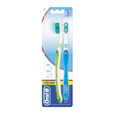 Oral-B Cepillo De Dientes Extra Value 1.2.3 Shiny Clean Medio Duplo Cepillo de dientes para una limpieza profunda 2 uds