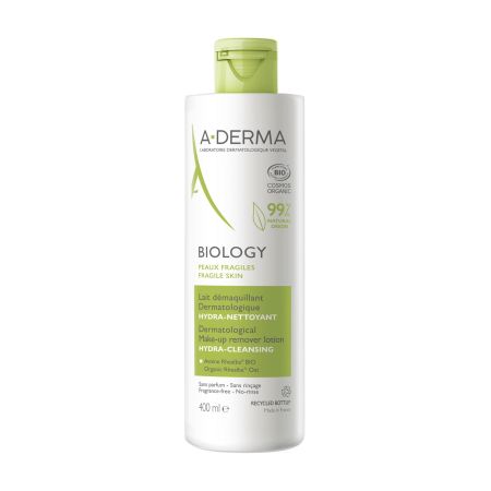 A-Derma Biology Lait Démaquillant Dermatologique Hydra-Nettoyant Leche vegana desmaquillante limpia y elimina suavemente sin resecar 400 ml