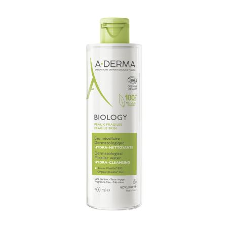 A-Derma Biology Eau Micellaire Dermatologique Hydra-Nettoyante Agua micelar vegana limpia y elimina suavemente sin resecar el rostro y ojos 400 ml