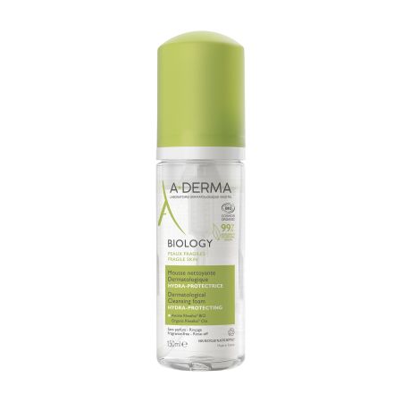 A-Derma Biology Mousse Nettoyante Hydra-Protectice Espuma vegana limpiadora y desmaquillante elimina partículas contaminantes 150 ml