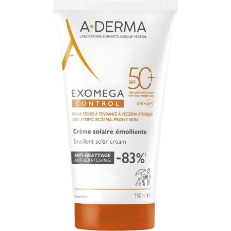 A-Derma Exomega Control Crème Solaire Émolliente Spf 50+ Protector solar emoliente protege de efectos nocivos del sol y molestias ocasionadas por el sol sudor arena y cloro 150 ml