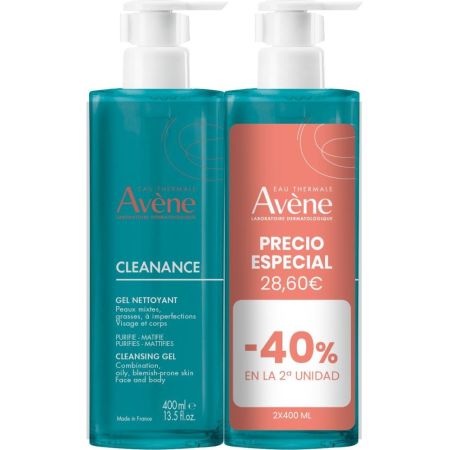 Avène Cleanance Gel Nettoyante Duplo Gel limpiador purificante matificante refresca y reduce brillos para una piel limpia fresca y purificada 2x400 ml