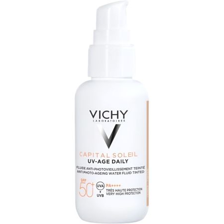 Vichy Capital Soleil Uv-Age Daily Fluide Teinté Spf 50+ Protector solar facial con color antifotoenvejecimiento previene manchas y arrugas 40 ml