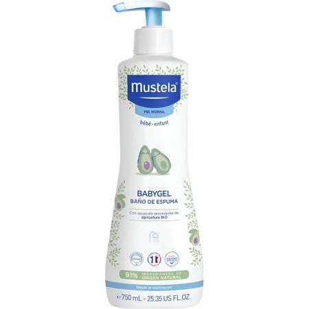 Mustela Babygel Baño De Espuma Gel de ducha en espuma limpia con suavidad sin resecar el cuerpo ni el cabello con aguacate bio