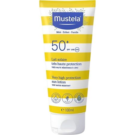 Mustela Lait Solaire Très Haute Protection Spf 50+ Leche solar no grasa ni pegajosa resistente al agua y a la arena ofrece una protección muy alta