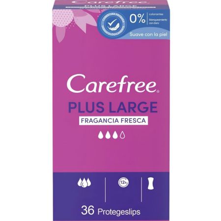 Carefree Fragancia Fresca Plus Large Protegeslips Protegeslip de rápida absorción antifugas ofrece protección duradera hasta 12 horas 36 uds