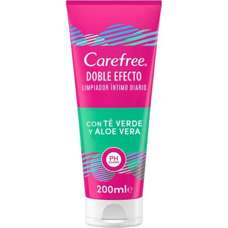 Carefree Doble Efecto Limpiador Íntimo Diario Gel de higiene íntima suave y sin jabón duradero 12 horas con té verde y aloe vera 200 ml