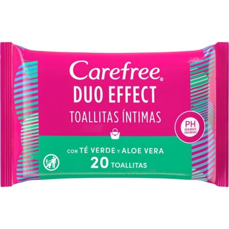 Carefree Duo Effect Toallitas Íntimas Toallitas íntimas ofrecen frescor y cuidado con té verde y aloe vera 20 uds