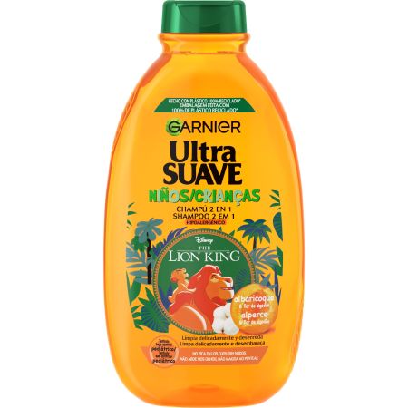 Garnier Ultra Suave The Lion King Niños Champú 2 En 1 Champú infantil limpia delicadamente y desenreda con albaricoque 400 ml