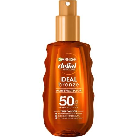 Delial Ideal Bronze Aceite Protector Spf 50 Aceite solar resistente al agua de aplicación ligera para bronceado uniforme y luminoso 150 ml