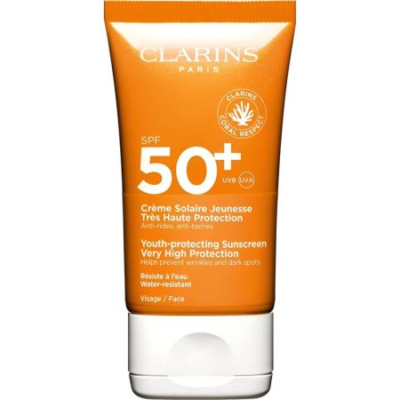 Clarins Créme Solaire Jeunesse Très Haute Protection Spf 50 Protector solar facial resistente al agua antiarrugas y antimanchas acabado mate 50 ml